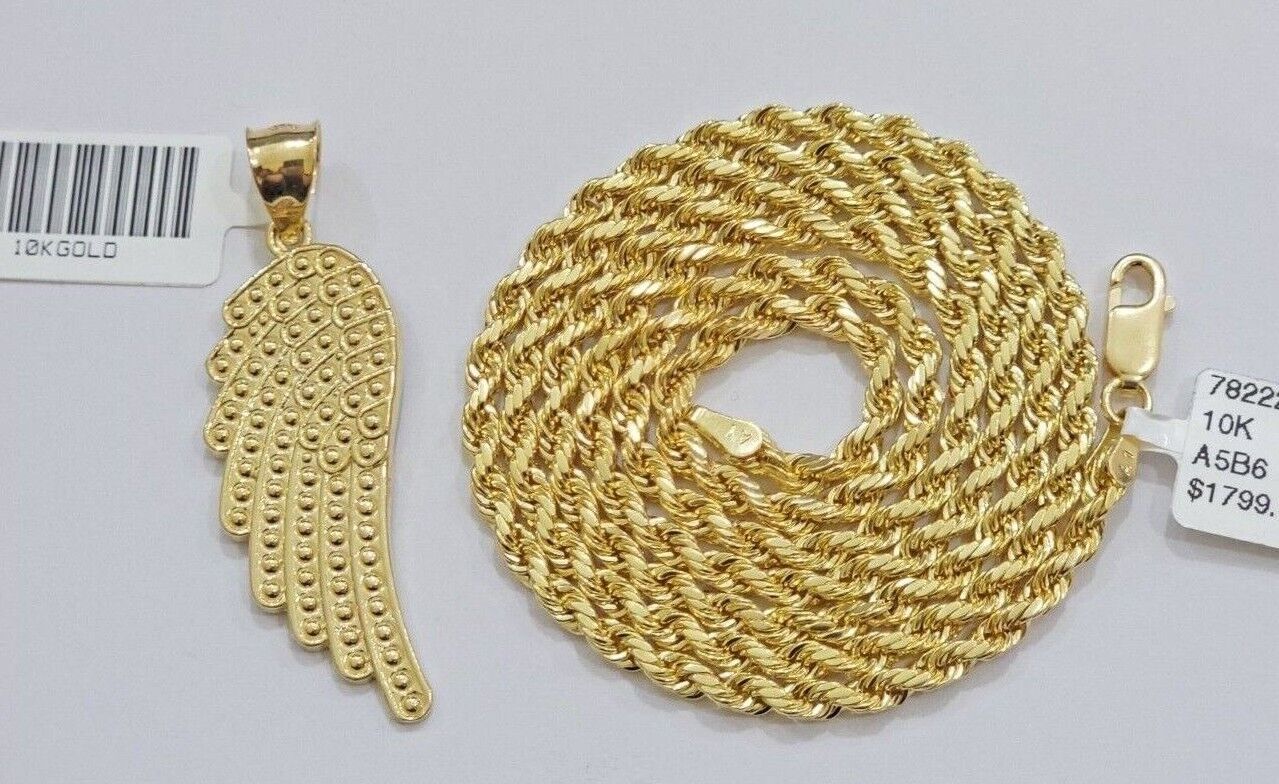 10k Gold Rope Chain Angel Wing Charm Pendant Set 18 - 28'' Inch 3mm Necklace REAL - GoldenlinQ